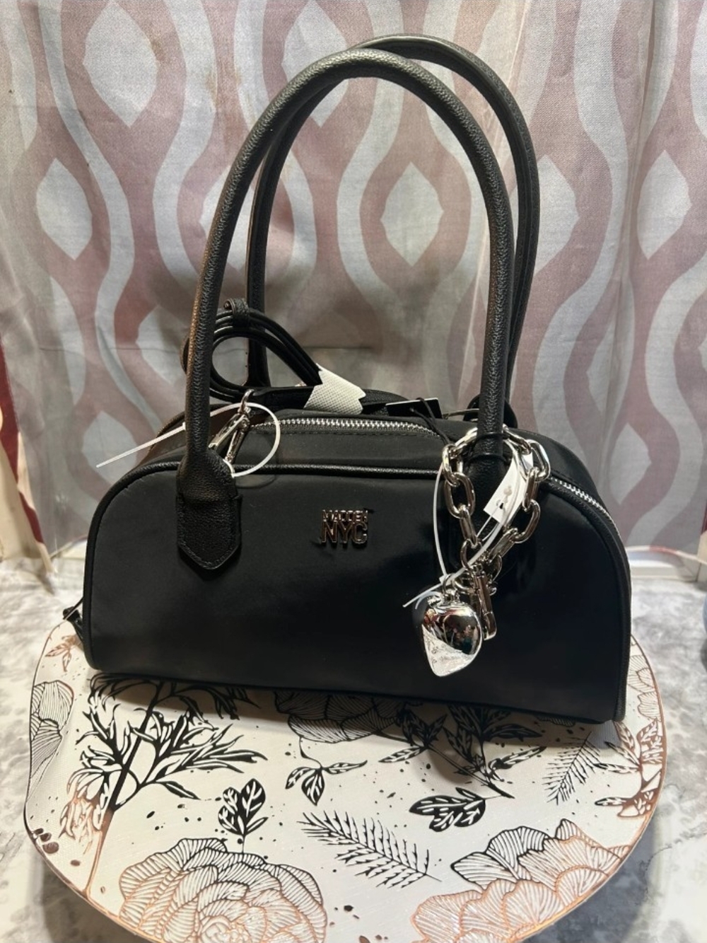 NYC Black Dome-Style Satchel with Silver Charm